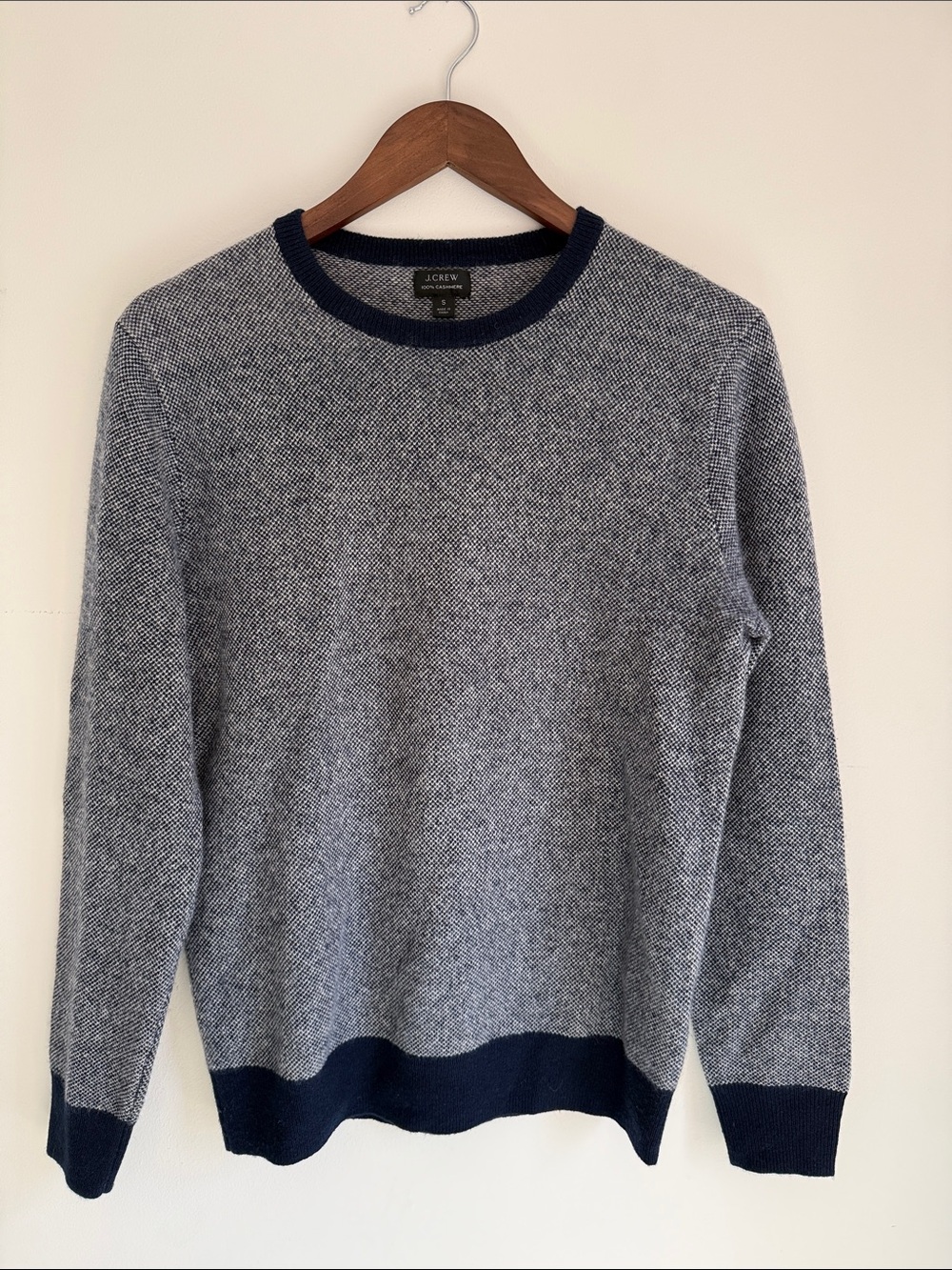 J. Crew Men's 100% Cashmere Heathered Navy Crewneck Sweater with Solid Navy Trim